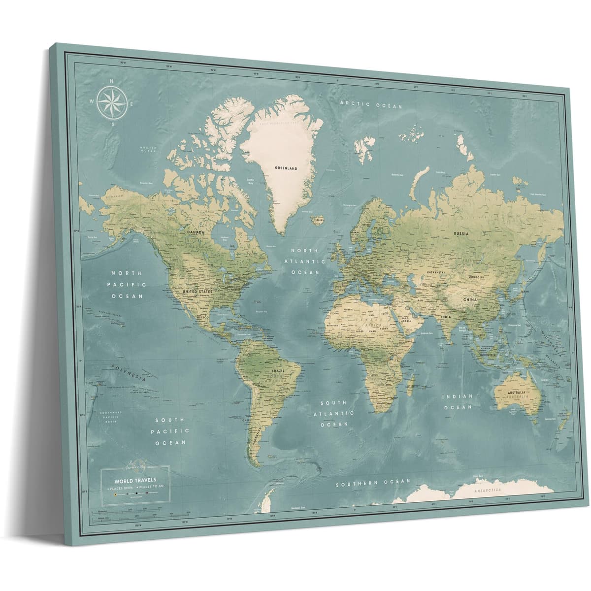 Mapa mundial detallado premium en lienzo con tablero de chinchetas | Mapa interactivo con pines | Perfecto para marcar tus aventuras y recuerdos | Pin Adventure map (53 x 40) WVGSc53x40