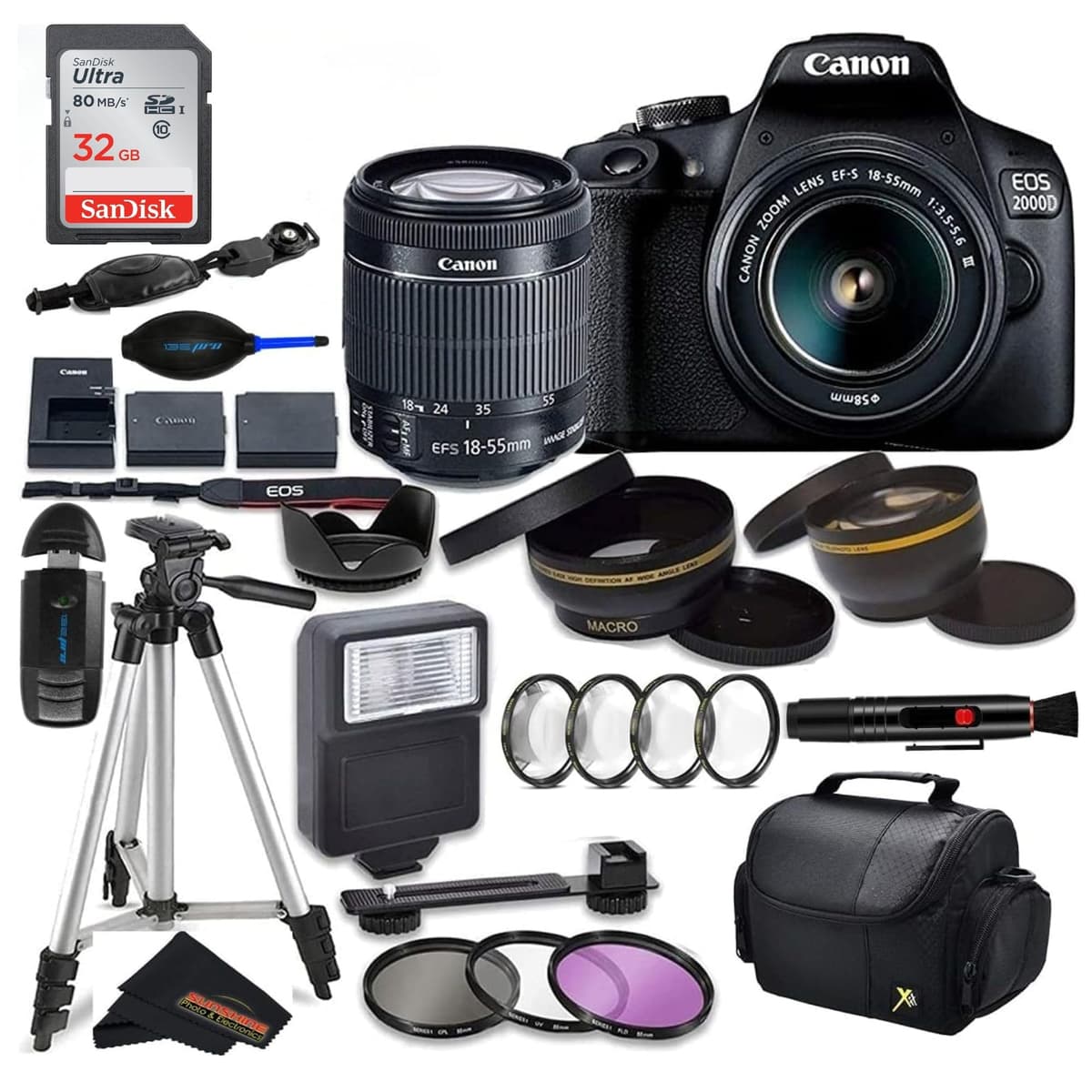 Cámara DSLR Canon Intl. EOS 2000D (Rebel T7) con lente Canon EF-S 18-55mm F3.5-5.6 III y paquete de accesorios profesionales Sunshine Photo... (Reacondicionado) 2000D-SSPROBUN