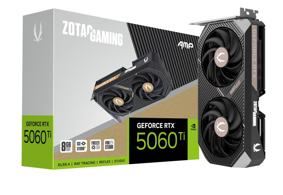 ZOTAC Gaming GeForce RTX 5060 Ti 8GB AMP DLSS 4 8GB GDDR7 128 bits 28 Gbps PCIe 5.0 Tarjeta gráfica para gaming, refrigeración IceStorm 2.0, iluminación LED blanca, ZT-B50610F-10M
