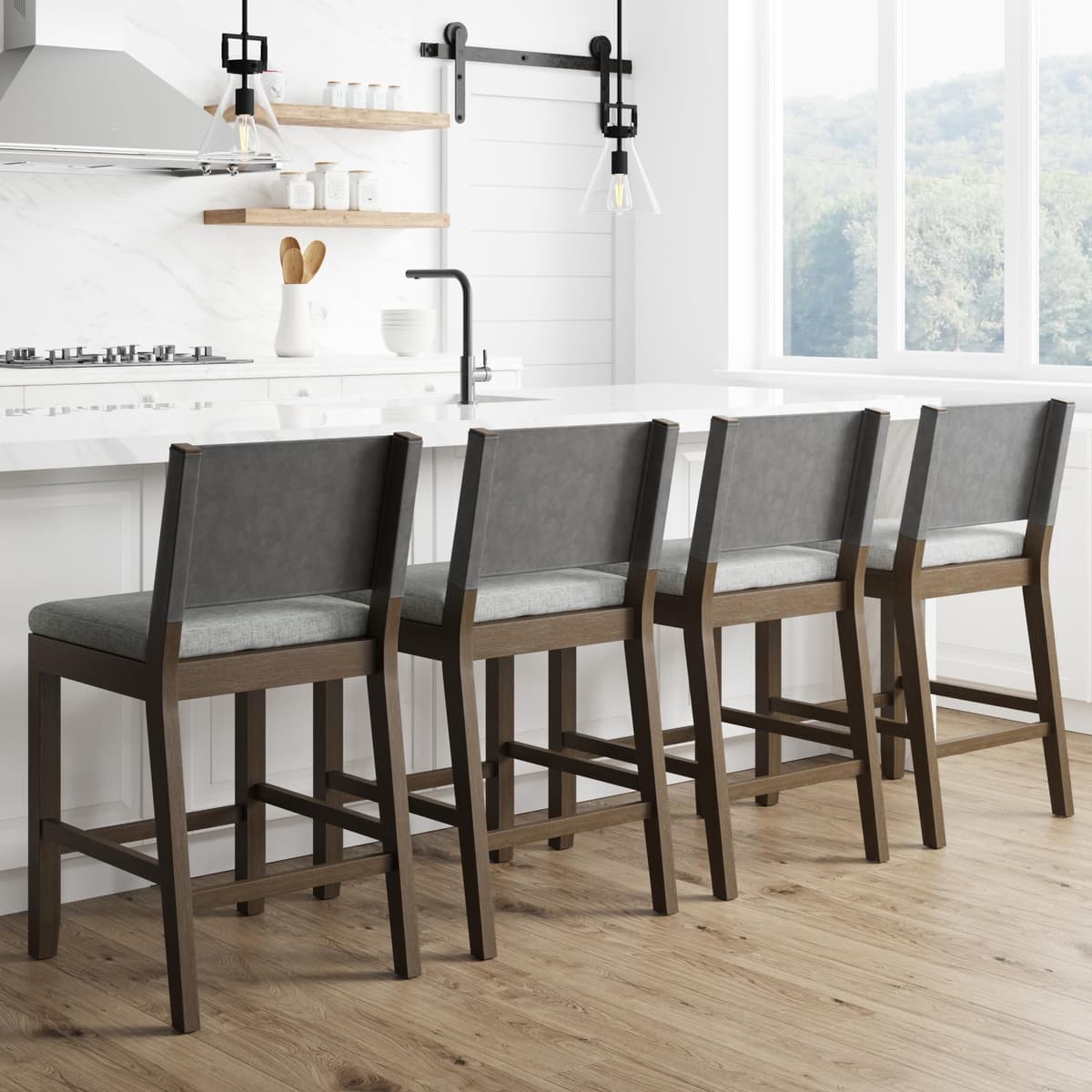 Nathan James Linus Modern Upholstered Counter Height Bar Stool, Birch Ivory/Pewter Grey, Set of 4 21506-4