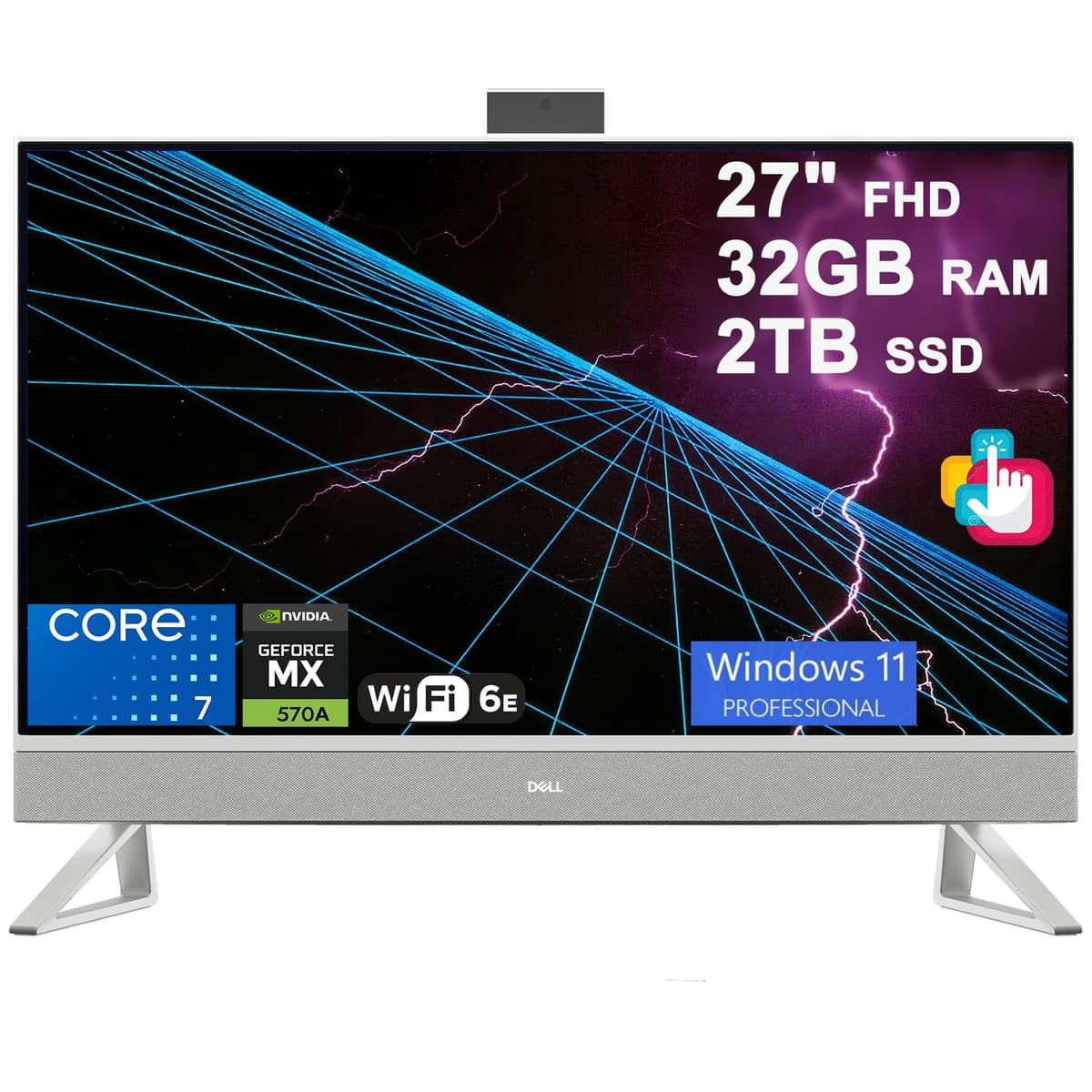 Dell All-in-One empresarial 27" FHD táctil (99% sRGB) Intel 10 núcleos Core 7 150U (equiv. i7-1355U) 32GB RAM 2TB SSD GeForce MX570A USB-C cámara pop-up 5MP IR Wi-Fi 6E Windows 11 Pro