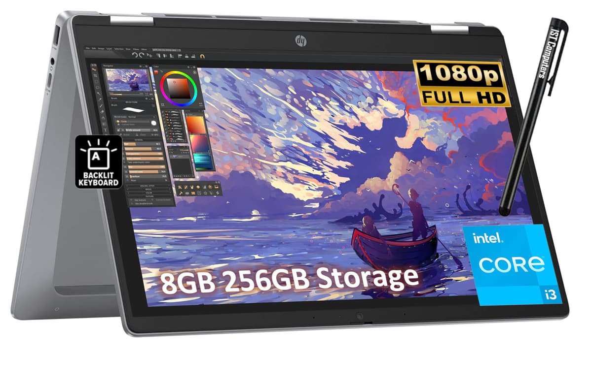 ist computers HP Chromebook Plus x360 14 2 en 1 portátil (pantalla táctil FHD de 14", Intel i3-N305 de 8 núcleos (> i5-1134G7), 8 GB RAM, 256 GB UFS, lápiz) para hogar y estudiantes, teclado retroiluminado, cámara 1080p, Chrome OS con Google AI HP Envy x360