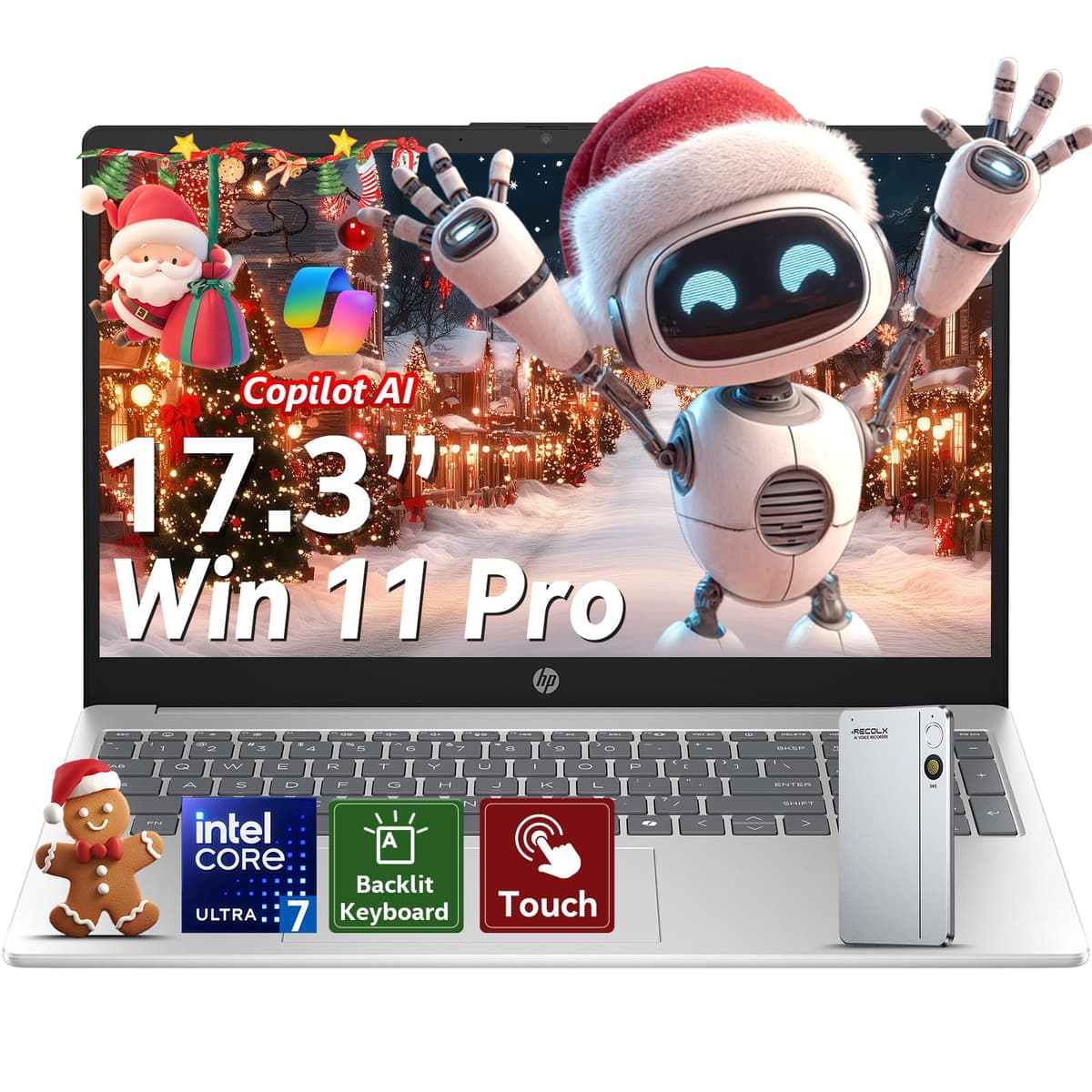 HP Laptop táctil de 17 pulgadas, Intel Ultra 7 255U (12 núcleos), Intel AI Boost (12 TOPS NPU), teclado retroiluminado, AI Copilot, Windows 11 Pro, con grabadora de voz AI (16GB RAM DDR5, 1TB SSD) HP 17