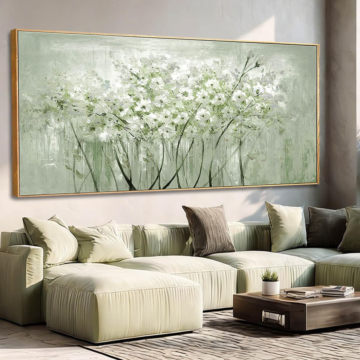 MLART99 Arte de Pared Floral Verde y Blanco en Lienzo 40x88 con Marco