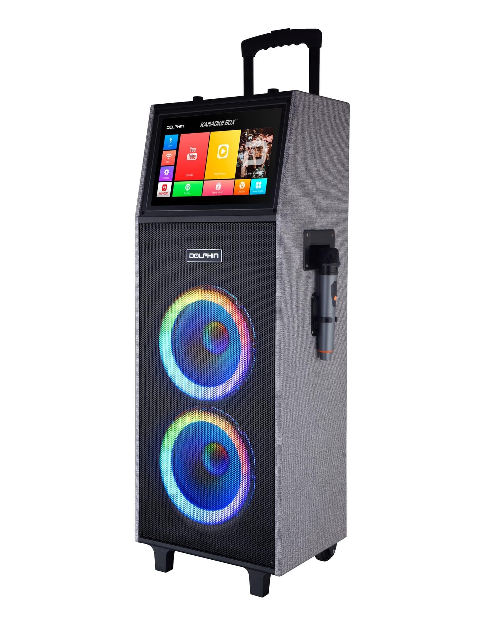 Dolphin KB-2100R Parlante karaoke recargable Dual 10" con tablet touchscreen y 2 micrófonos inalámbricos