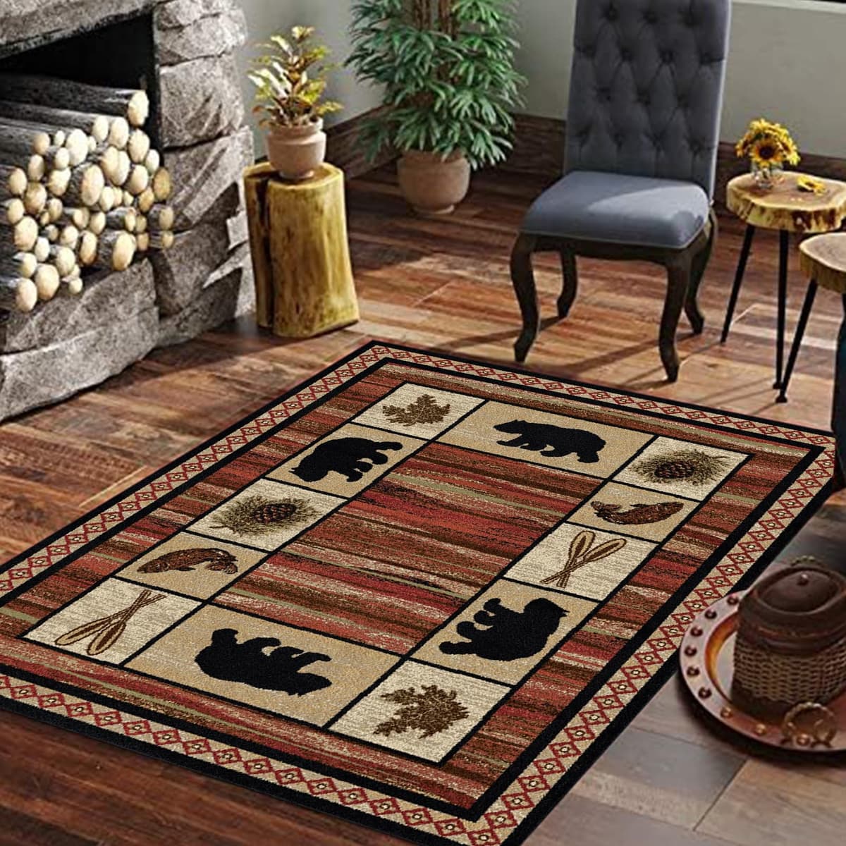 Mothy Alfombra lodge Wildlife Bear 9x12ft - decoración rústica para cabaña