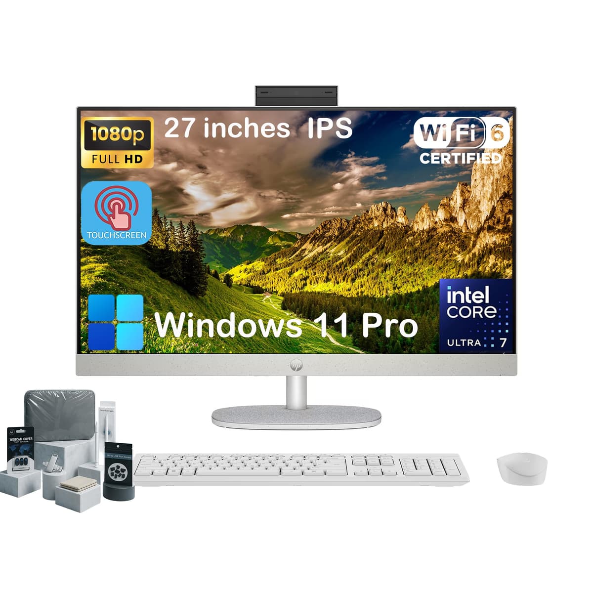 HP Todo-en-Uno 27" Pantalla Táctil PC de Escritorio Ángulo Ajustable, 64GB RAM DDR5, 4TB SSD, Intel 12 Núcleos Ultra 7 155U, Pantalla Táctil FHD IPS, Teclado y Mouse Inalámbricos, Windows 11 Pro, Cámara 1080p, Accesorios HP 27" Touch All-in-One Desktop