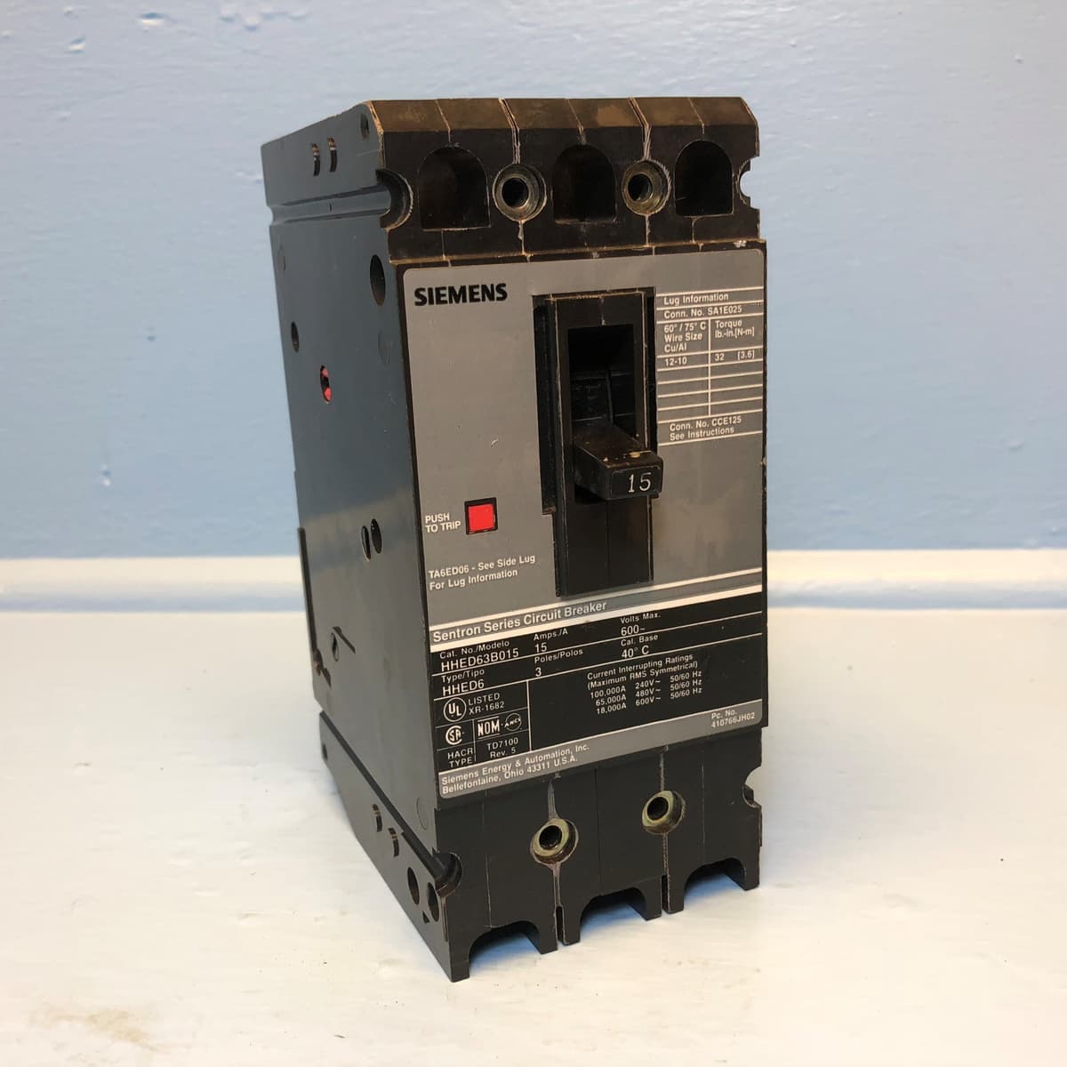 Siemens HHED63B015 15A Sentron interruptor termomagnético 3 polos 480/600V