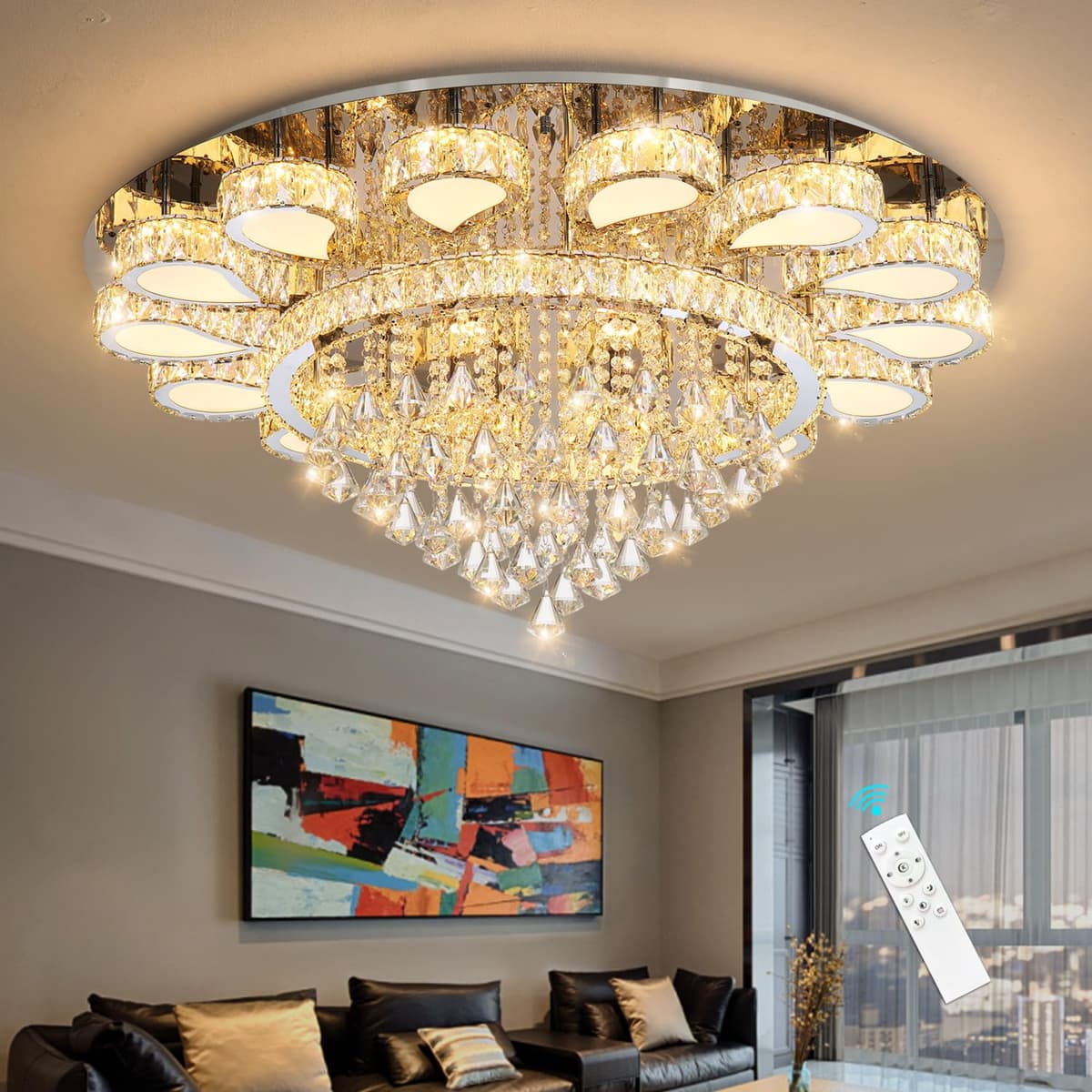 Lámpara de Araña de Cristal HAIXIANG 40" Plata, Dimmable con Control Remoto MMQ3832