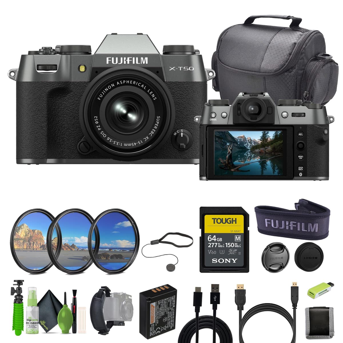 Fujifilm X-T50 Mirrorless Cámara en Charcoal Silver con Lente XC15-45mm y Kit de Accesorios 16828959-AG2