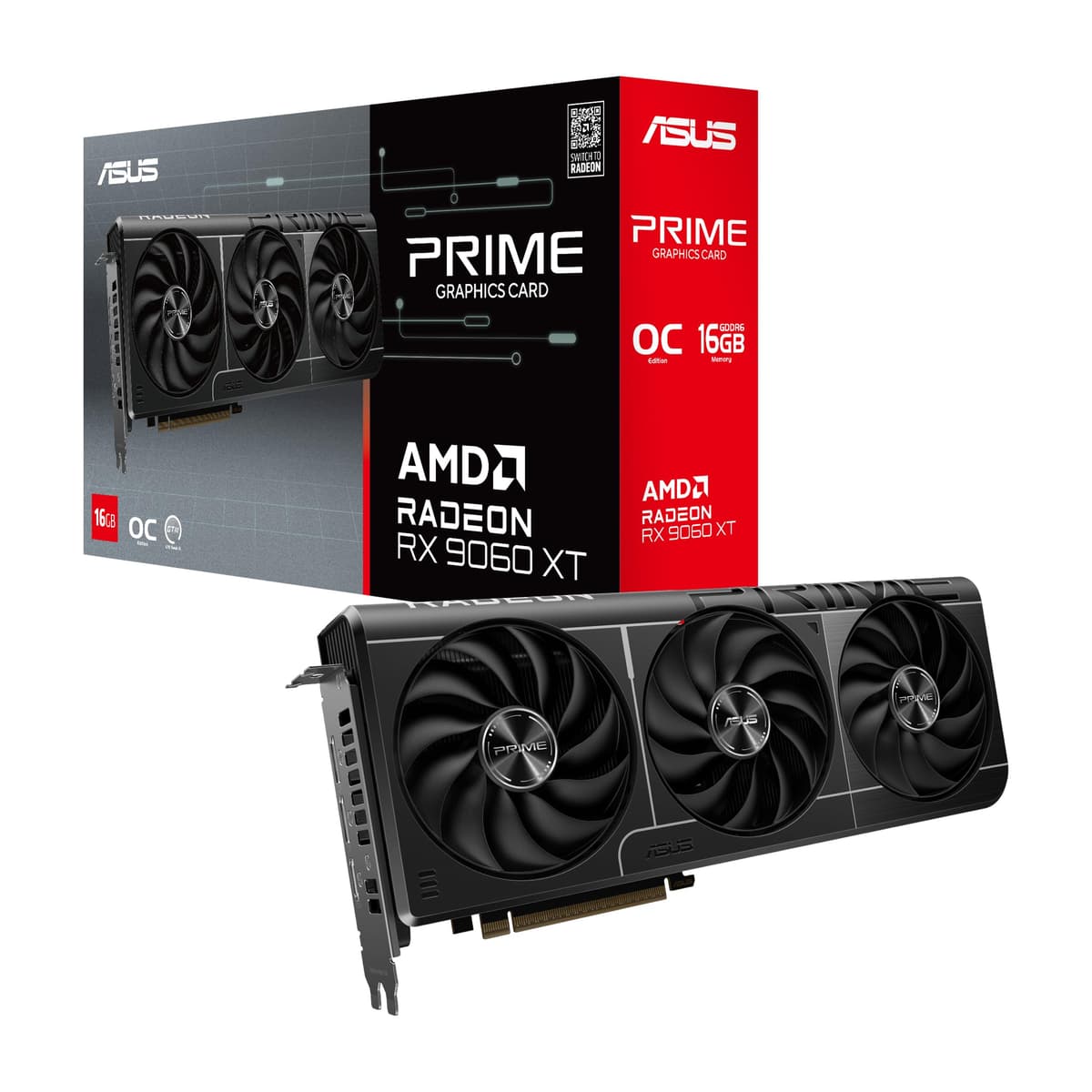 ASUS Prime Radeon RX 9060 XT 16GB GDDR6 Edición OC Tarjeta Gráfica (PCIe 5.0, HDMI/DP 2.1, Diseño de 2.5 Ranuras, Ventiladores axial-tech, Rodamientos de Bolas Duales, BIOS Dual, GPU Guard) PRIME-RX9060XT-O16G