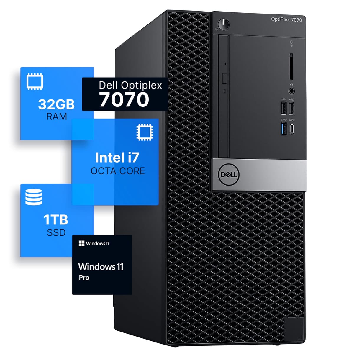 Computadora de escritorio Dell Optiplex 7070 Torre | Intel i7-9700 (3.4 GHz) | 32 GB DDR4 RAM | 1 TB SSD | Windows 11 Pro | Adaptador PCIe Wi-Fi 6 Interno (Reacondicionado)