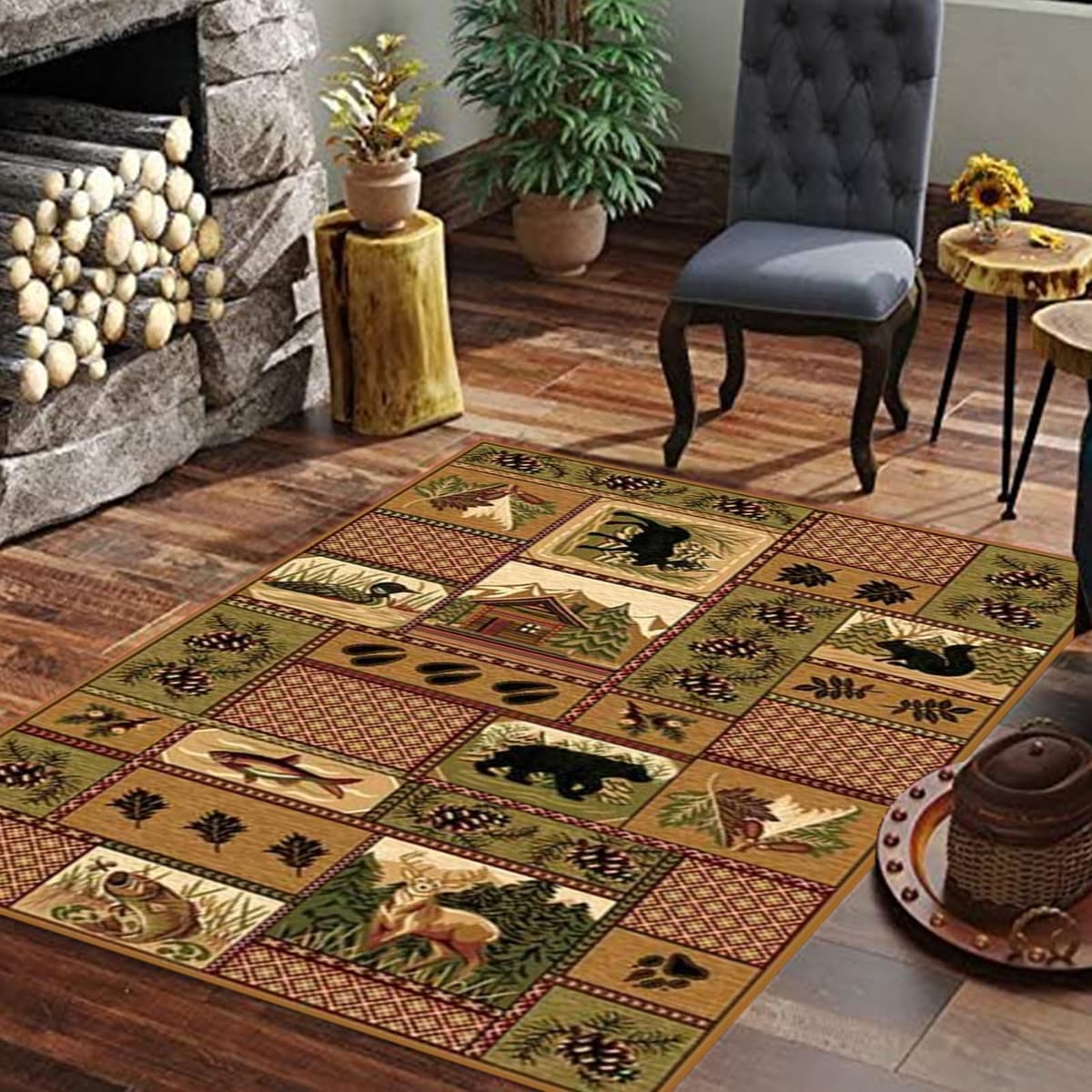 Mothy Alfombra rústica con impresión de oso y ciervo estilo farmhouse 9x12ft