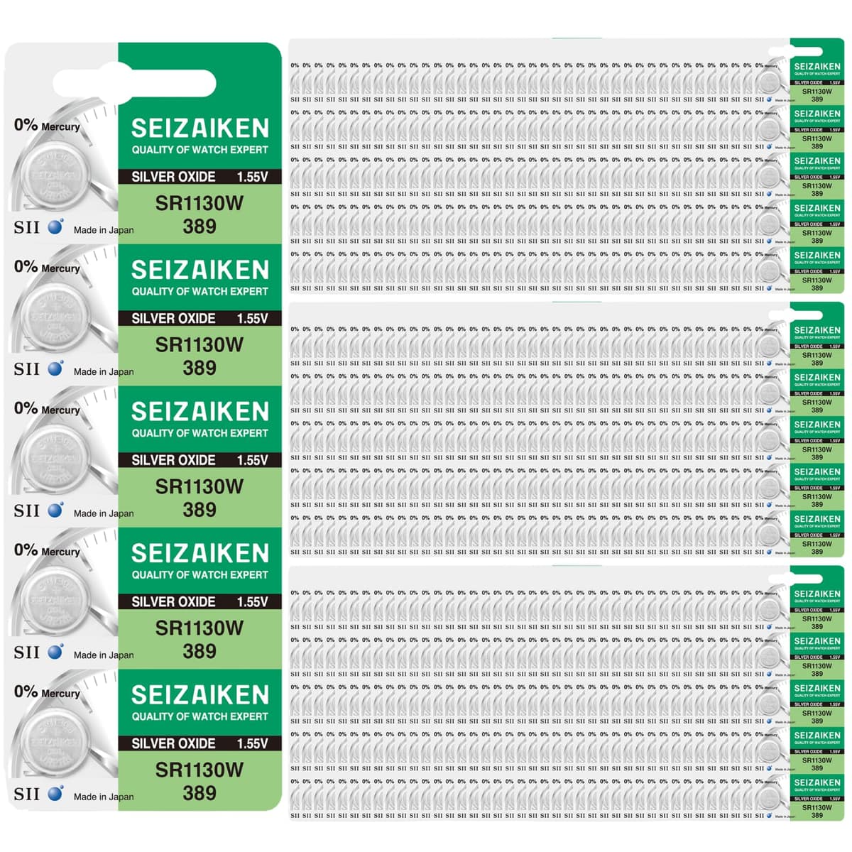 Seizaiken 389 SR1130W 1.55V 0% Hg - Pila de óxido de plata para reloj - Pack 500 (fabricado en Japón por Seiko)