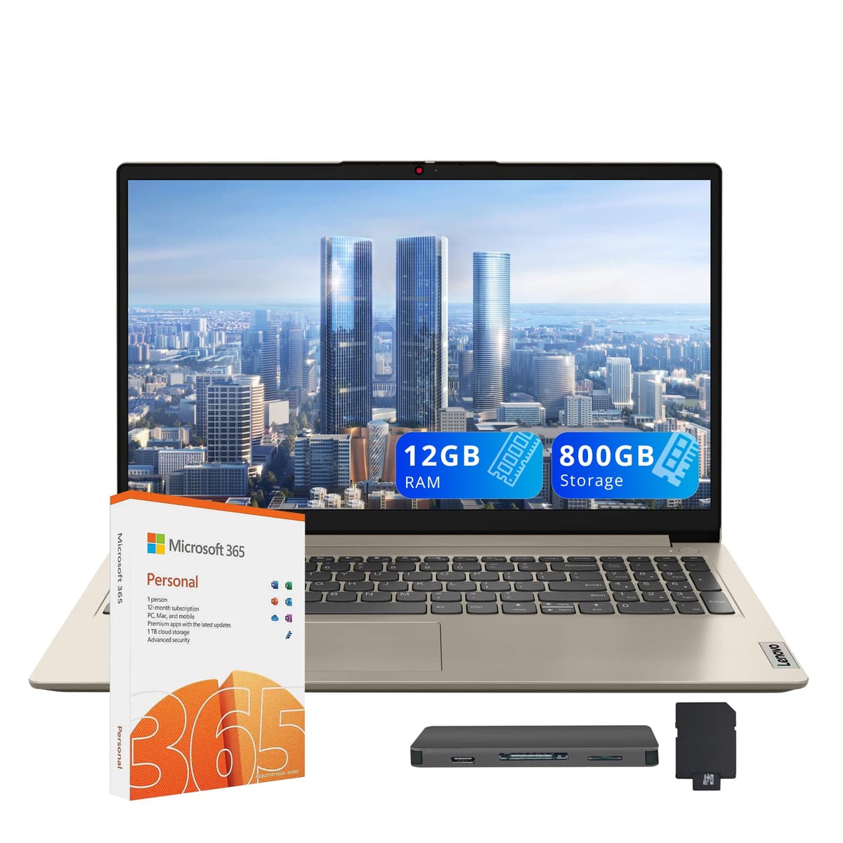 Lenovo IdeaPad 1 15.6" HD Portátil, Intel Celeron N4500, 12GB RAM, 512GB SSD+128GB eMMC, Gráficos Intel UHD, Copilot, Teclado Numérico, Cámara Web, 1 Año Office 365, Windows 11, Color Arena, Set Estación de Acoplamiento 160GB