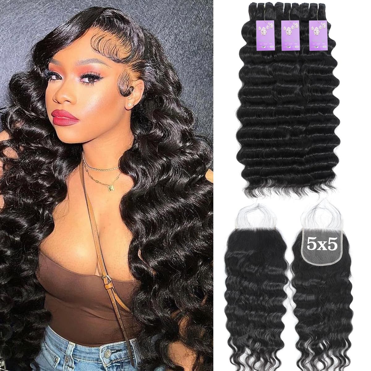 FASHION PLUS Raw Human Hair Bundles con Closure 5x5 Loose Wave 22/24/26 +20 15ALW222426+20