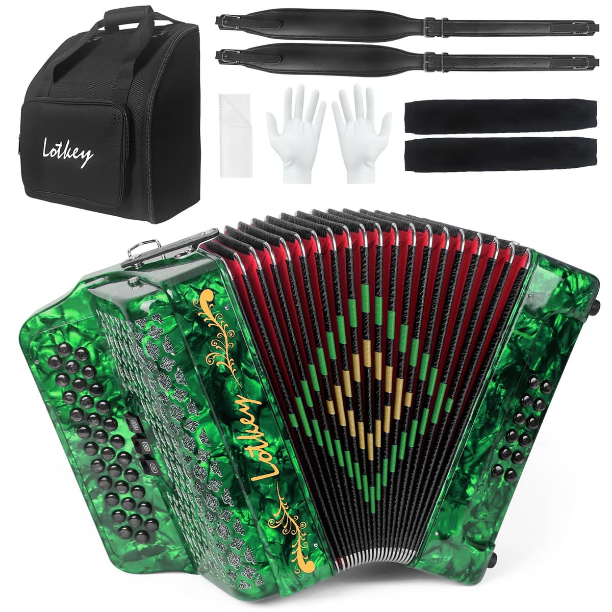 Acordeón diatónico Lotkey 34 teclas y 12 bajos, cuerpo en celluloid (GCF Green) MI84ACCORDION