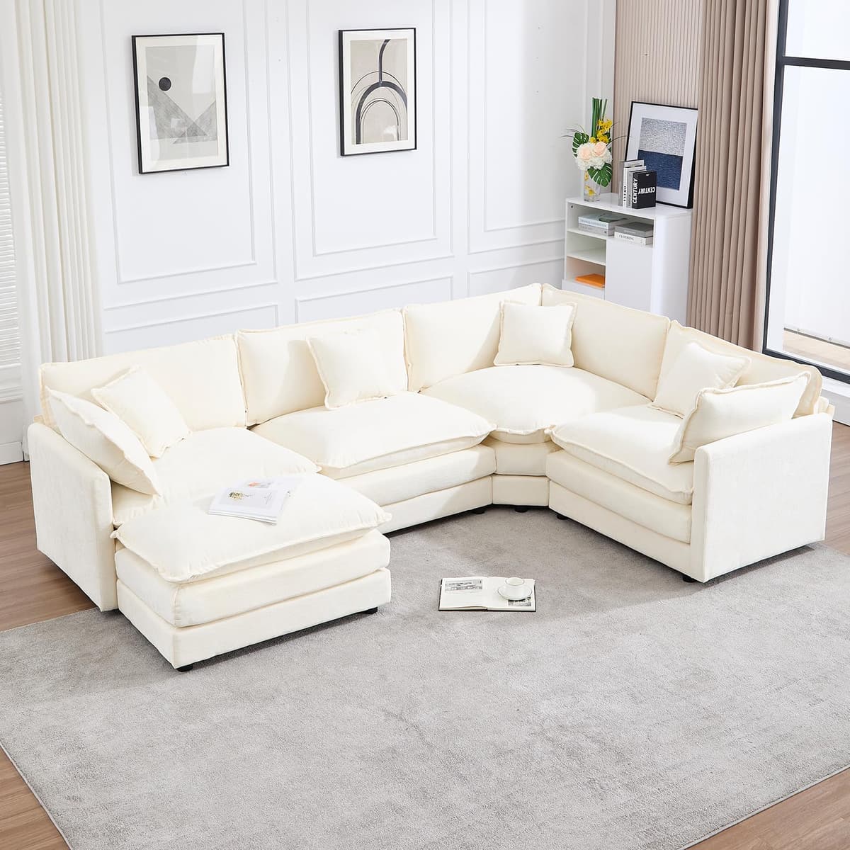 VEPXXP Sofá Seccional Modular Cloud, Chenille Moderno en L con Otomán y Almohadas, 5 plazas, Beige