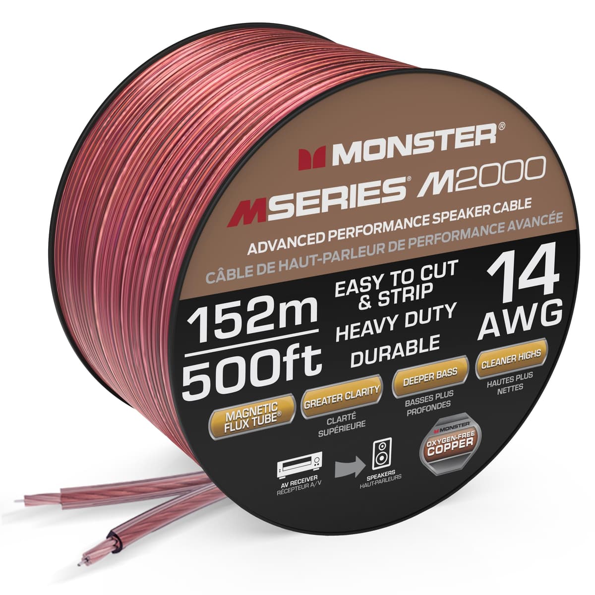 Cable para parlantes Monster M-Series 14 AWG: cable de rendimiento avanzado para altavoces carrete de 500 pies con construcción de cobre libre de oxígeno - cables para altavoces fáciles de pelar e instalar VMM20016