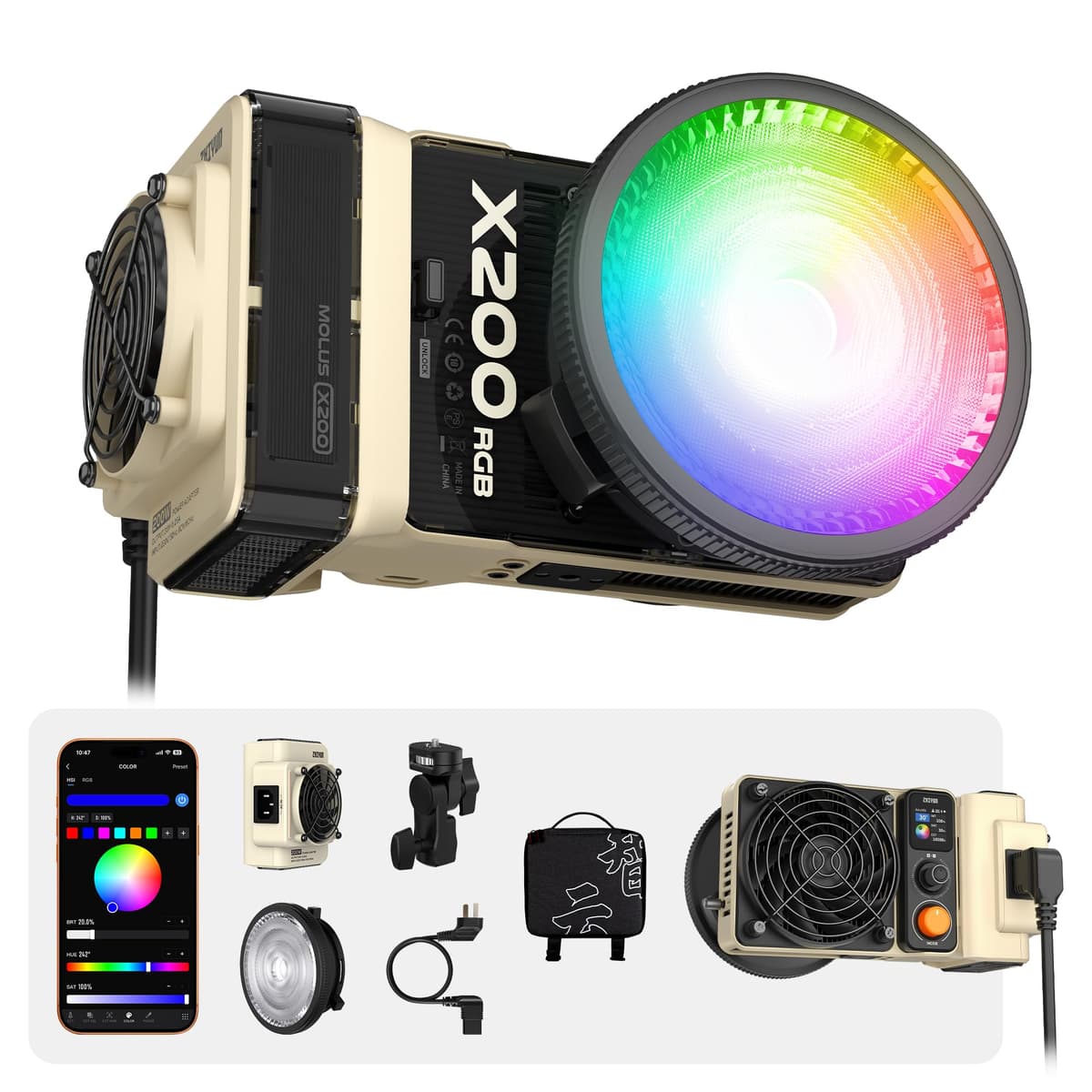 ZHIYUN MOLUS X200 RGB 200W Luz Continua Portátil con Bowens, 2500K-10000K, CRI≥95, 830g PLX113