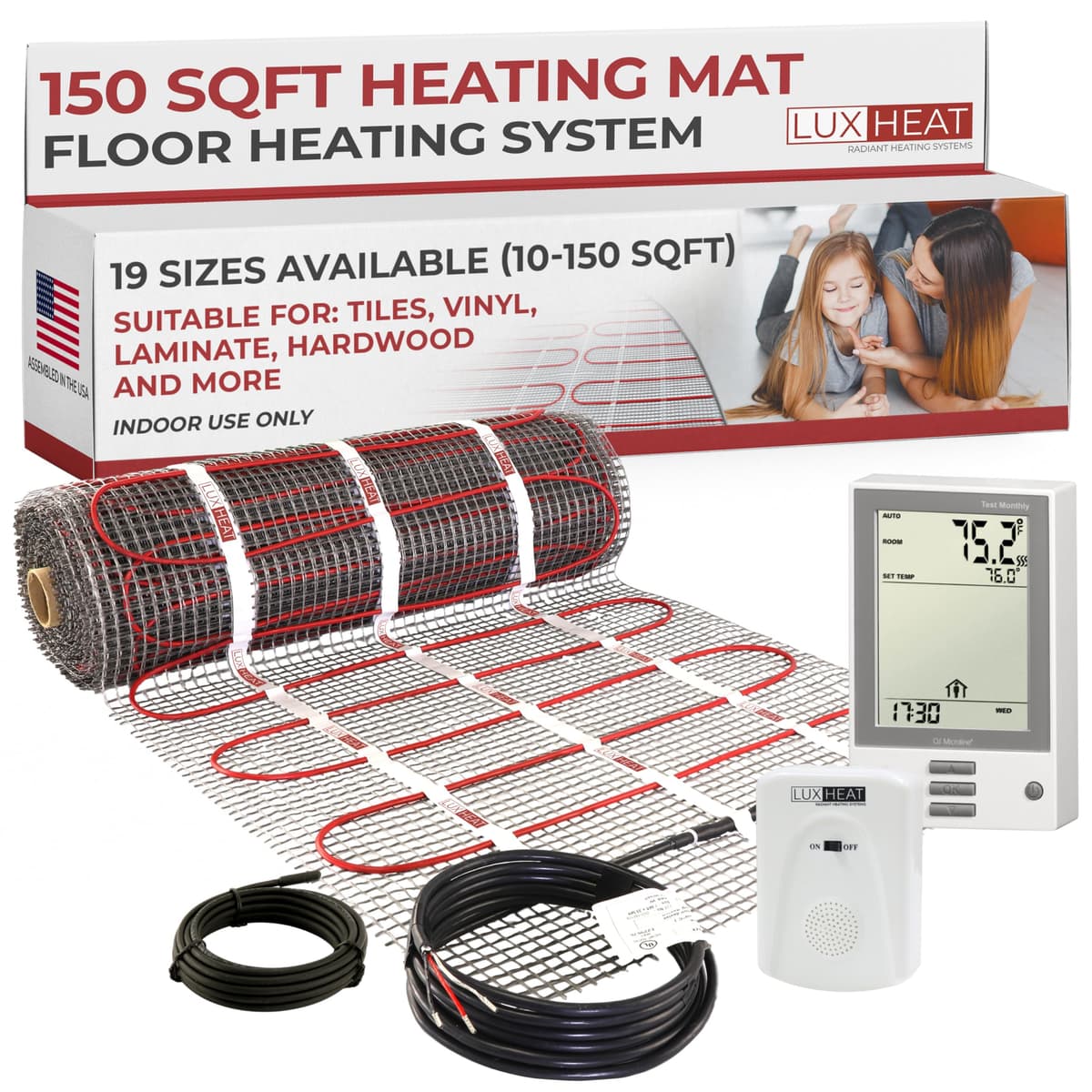 LuxHeat Kit de Alfombra Calefactora para Piso de 150sqft - Sistema de Piso Radiante Eléctrico de 120v - Sistema de Calefacción para Pisos de Baldosa y Laminado - Incluye Termostato Programable UDG con GFCI, Alarma y Sensor