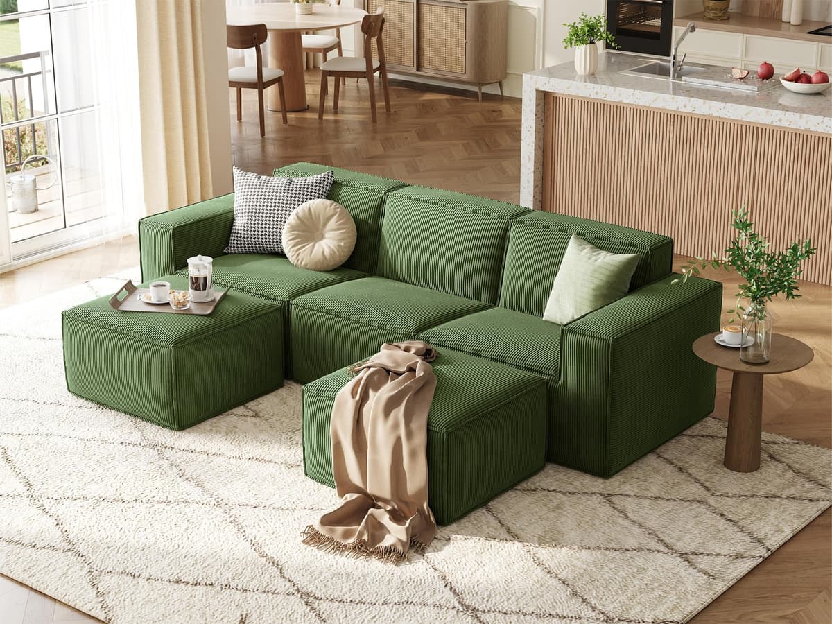 Sofá modular LINSY HOME 105" boneless en U 3 plazas con 2 otomanes, corduroy verde HS005