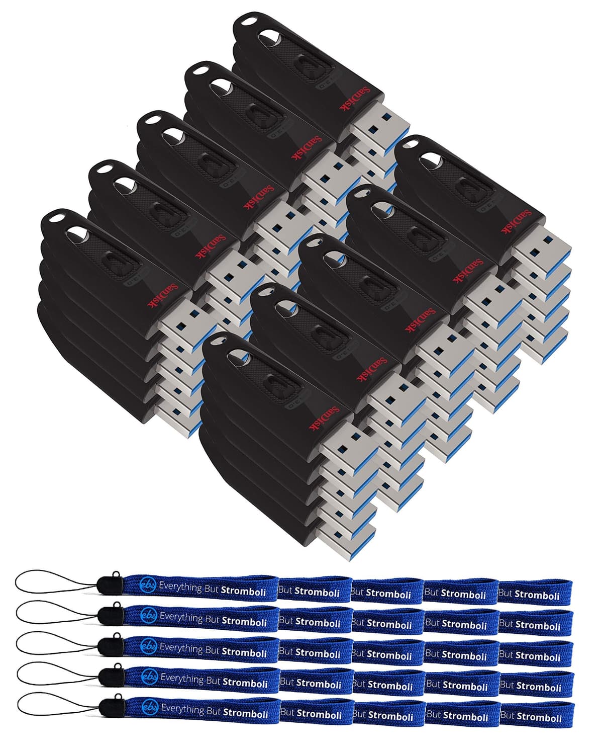 SanDisk Unidad Flash Ultra 16GB (Paquete de 50) USB 3.0 Unidad Flash de Alto Rendimiento (SDCZ48-016G-U46) Paquete con (25) Correa para Cuello Everything But Stromboli