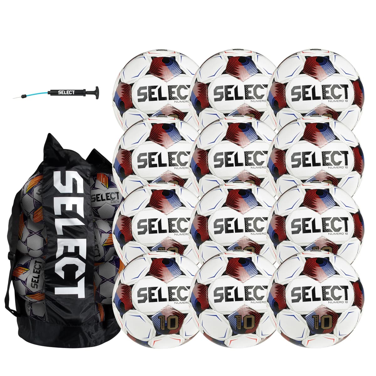 Select Numero 10 Balón de fútbol, paquete de 12 con bolsa y bomba de mano, Blanco/Azul/Rojo V25, Talla 5