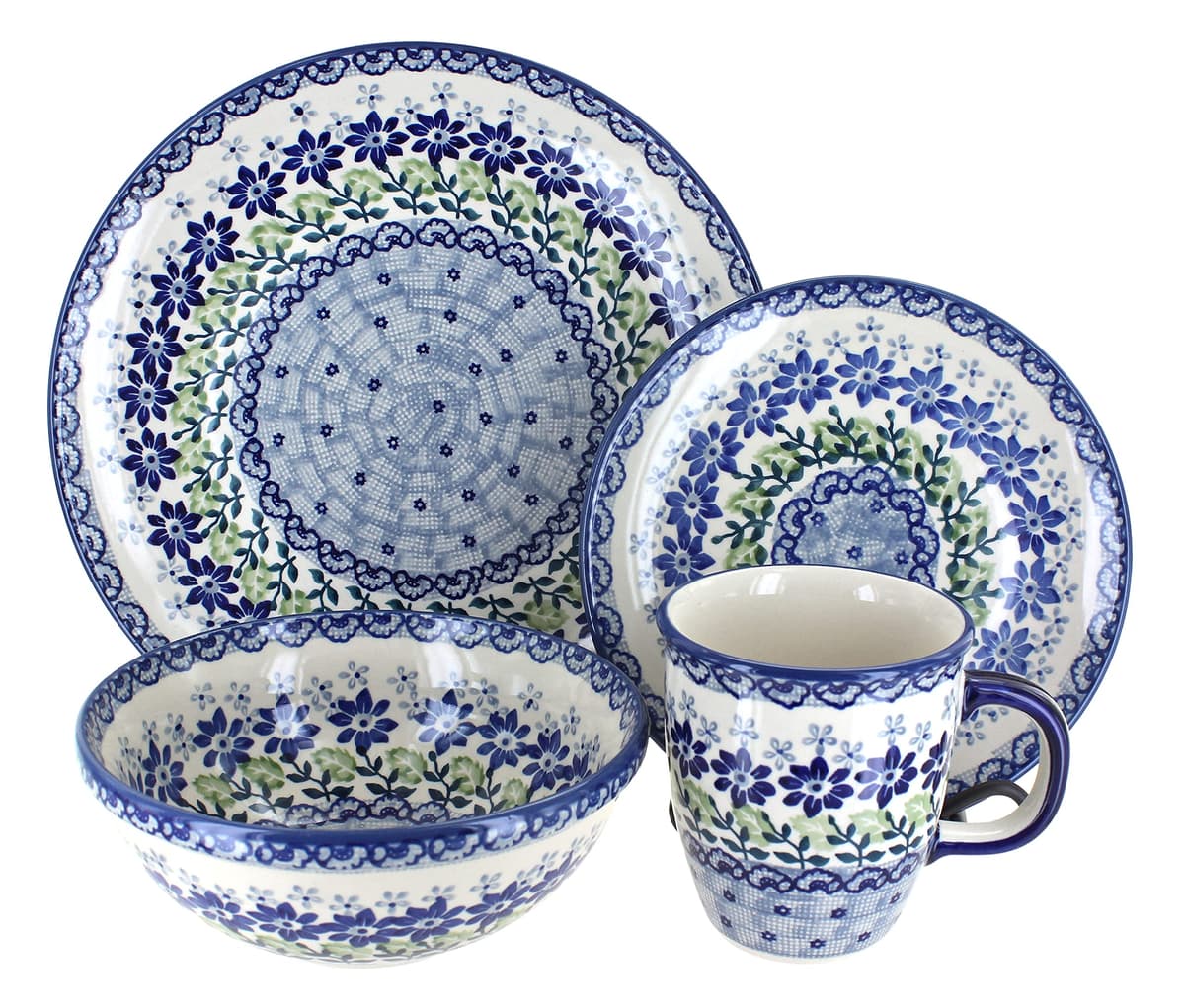Blue Rose Polish Pottery - Blue Hallsey 16 Piece Dinner Set - 4 Place Settings 1000-MC22-4