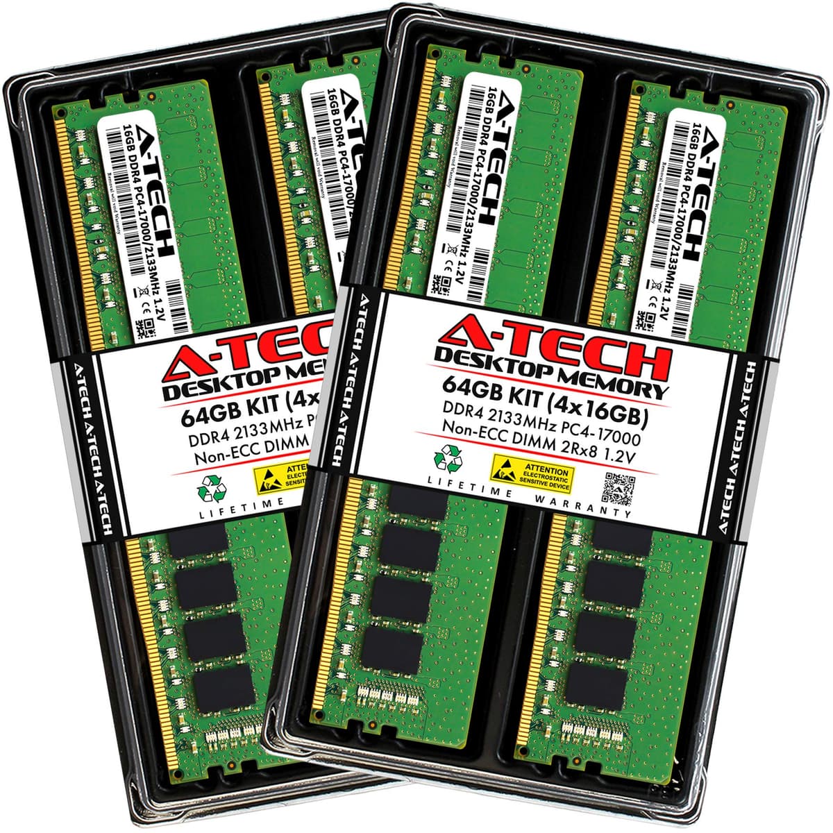 A-Tech 64GB (4x16GB) DDR4 2133 MHz UDIMM PC4-17000 (PC4-2133P) CL15 DIMM 2Rx8 No ECC Módulos de Memoria RAM para Desktop AT16G4D4D2133ND8N12V