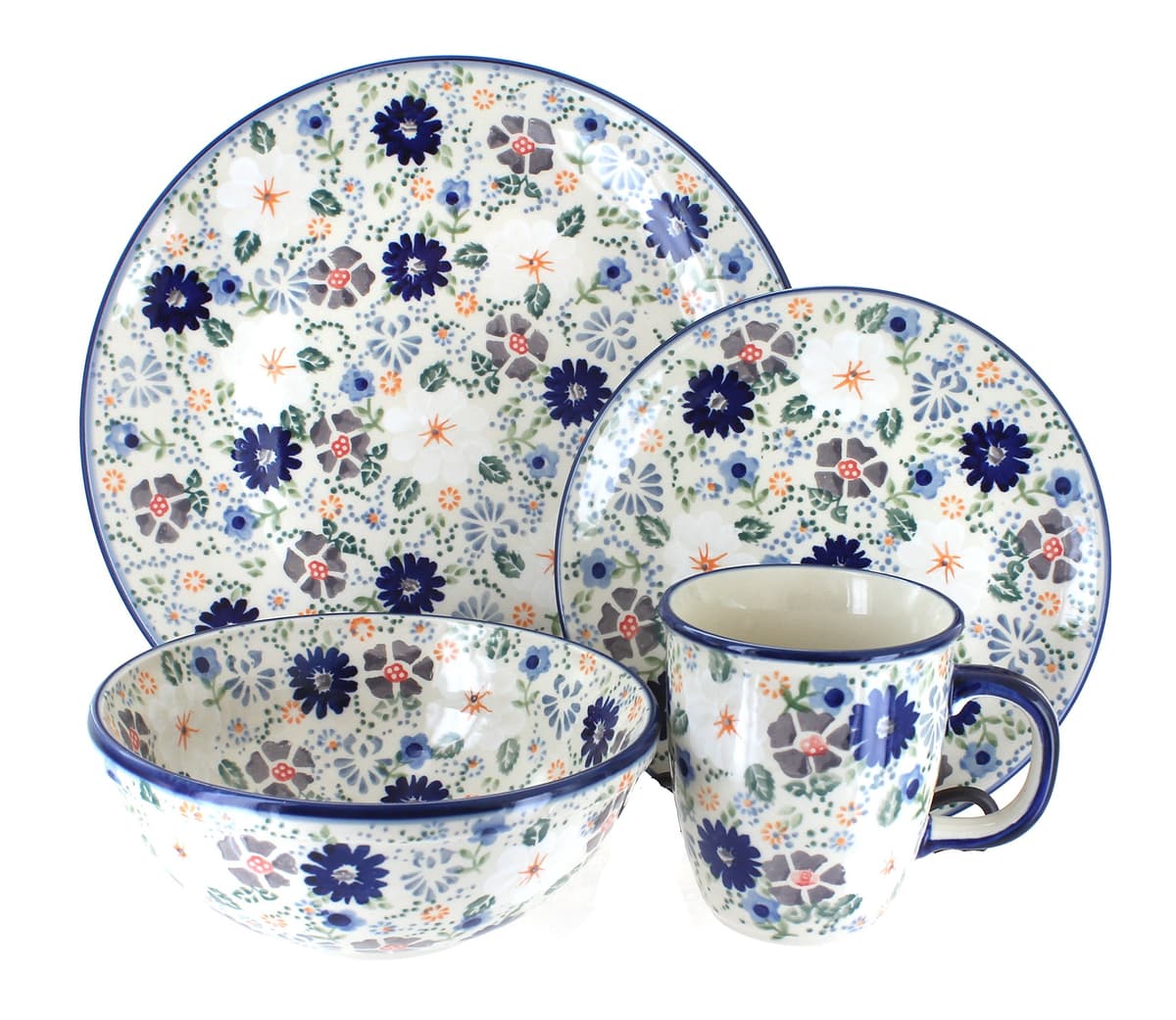 Blue Rose Polish Pottery - Gray Carnival Juego de Vajilla 16 Piezas (4 puestos) 1000-EO35-4