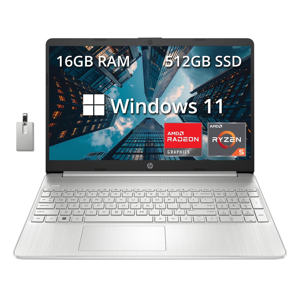 HP Laptop 15.6" FHD, Procesador AMD Ryzen 5 5500U, 16GB RAM, 512GB SSD PCIe, Gráficos AMD Radeon, Teclado Numérico, Webcam HD, Bluetooth, Wi-Fi, Windows 11, Plateado, Tarjeta USB Hotface 32GB