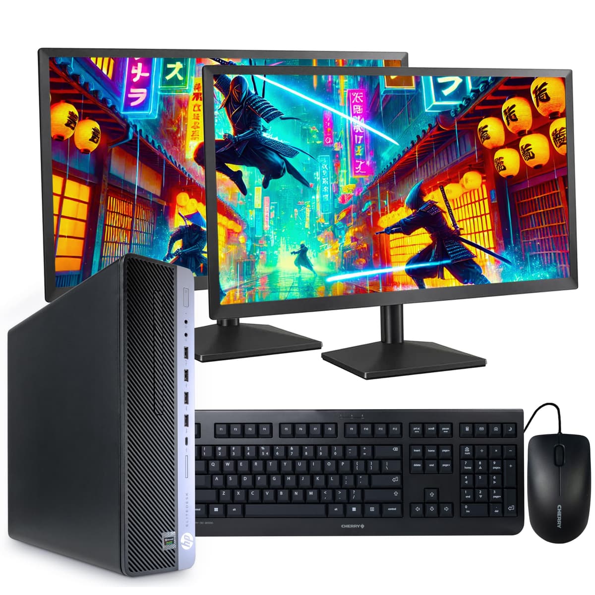 HP EliteDesk 800 G4 PC, Intel i5-8500, Crucial 32GB DDR4 RAM, 1TB NVMe M.2, Windows 11 Pro, WiFi 6 AX200 interno, teclado y mouse Cherry, doble monitor LCD de 24" (reacondicionado) (800G4 + configuración doble 24")