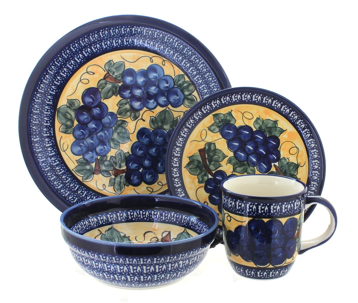 Blue Rose Polish Pottery Juego de vajilla 16 piezas Blue Grapes con borde cobalto - 4 servicios 1000-DU8A-4
