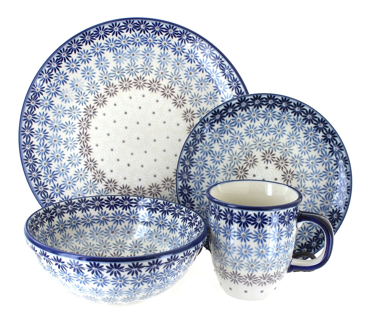 Blue Rose Polish Pottery - Blue Harmony Juego de Vajilla 16 Piezas (4 puestos) 1000-AS55-4