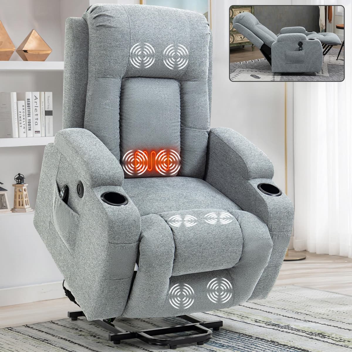Tiophome Sillón Reclinable Power Lift con Masaje y Calor Lumbar, USB y Porta Vasos, Gris W1803S00030-TXH-TIOP1218-1289-89