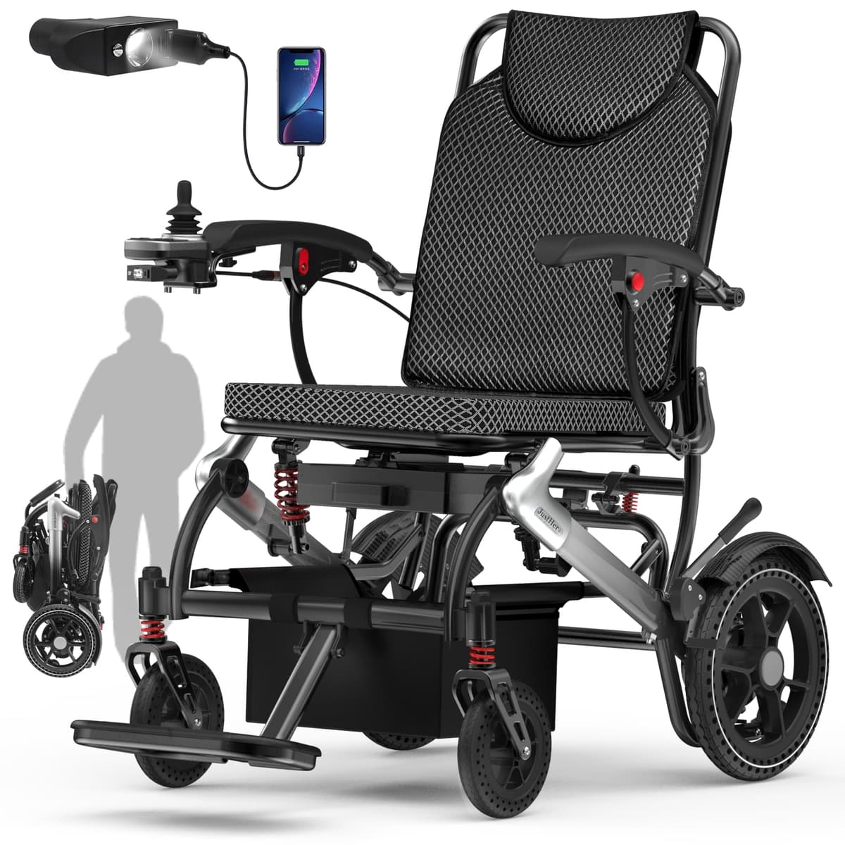 JUSTHERO Silla de ruedas eléctrica plegable para adultos - 36LBS, 15 Miles, 500W Brushless, soporta 350 LBS - Silver