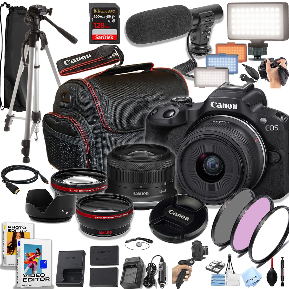 Canon EOS R50 Cámara sin espejo con sensor APS-C CMOS de 24.2MP y lente 18-45mm, memoria Extreme Speed de 128GB, luz de video, micrófono, empuñadura, filtros, lentes, estuche, software y más, negro (reacondicionado) CN-R501845128EX-VCK-050824-cr