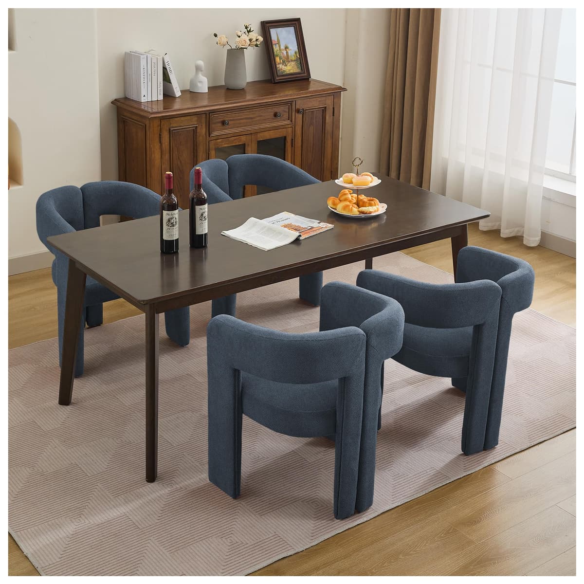 adochr Set 4 sillas de comedor barrel modernas adoсhr - Tapizadas en lino azul con patas de madera