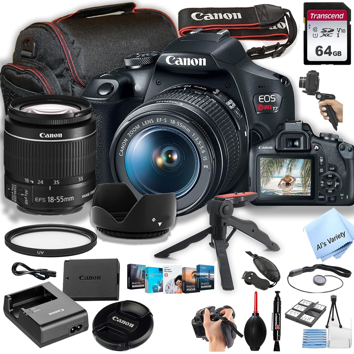 Cámara Canon EOS Rebel T7 DSLR con lente zoom EF-S 18-55 mm f/3.5-5.6 IS II + memoria de 64 GB, estuche, trípode Gripster y más (paquete de 26 piezas) (Reacondicionado) CN-T7-1855LTE-81423-cr