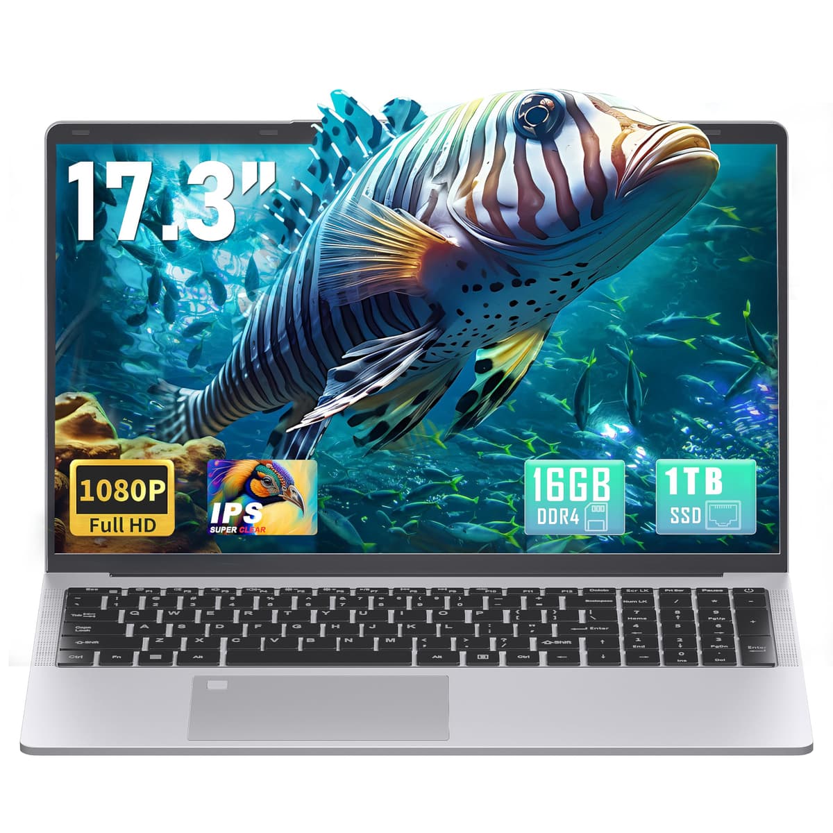 Svikou 17.3" FHD (1920 x 1080) IPS Portátil Empresarial, 16GB RAM DDR4, 1TB SSD, Procesador Cuatro Núcleos Celeron N5095, Windows 11 Pro, HDMI, Lector de Huellas, Teclado Retroiluminado, BT 5.0/Wi-Fi, Plateado