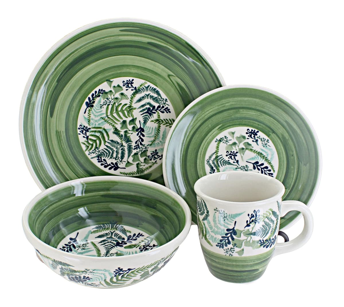 Blue Rose Polish Pottery - Green Floating Fern Juego de 16 Piezas para 4 Personas 1000-GZ43-4