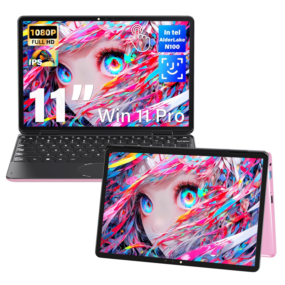 Svikou 11" Rosa Convertible 2 en 1 con Pantalla Táctil, FHD (1920x1200) IPS, Intel N100, 16GB RAM 1TB SSD, Reconocimiento Facial, Teclado Retroiluminado, USB-C, Windows 11 Pro para Estudiantes y Viajes HL110YP