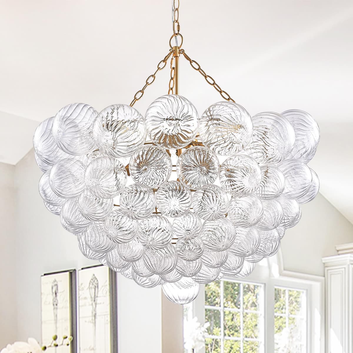 Longree Lámpara colgante burbuja de vidrio soplado swirled, 31" diámetro, acabado dorado y transparente LR1507-80*60cm
