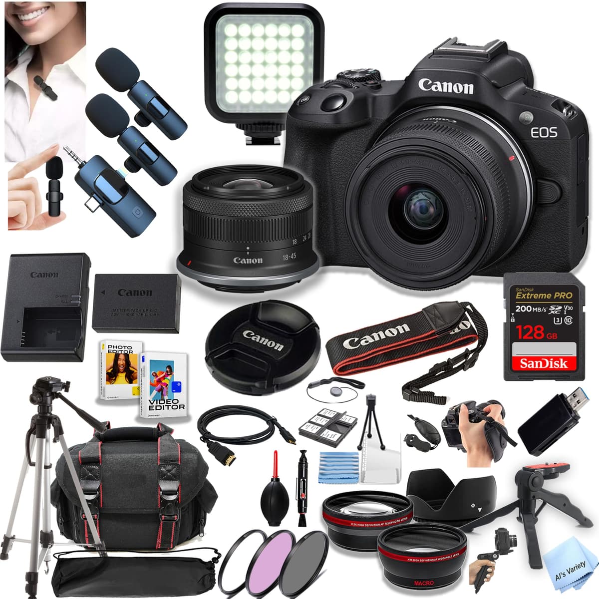 Cámara sin espejo Canon EOS R50 con lente 18-45mm + memoria Extreme 128GB, micrófonos inalámbricos de solapa, lentes, filtros, estuche, trípode, flash, software y más (Paquete para creadores de contenido) (Reacondicionado) CN-R501845-LPMIC-0225-cr