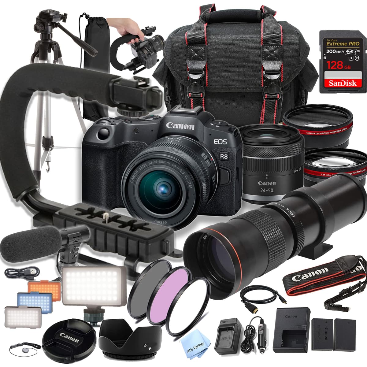 Bundle Canon EOS R8 con RF 24-50mm, tele 420-800mm, 128GB, micrófono, luz LED, batería extra y accesorios (Renewed) CN-R82450420128EX-UGWT-050824-cr