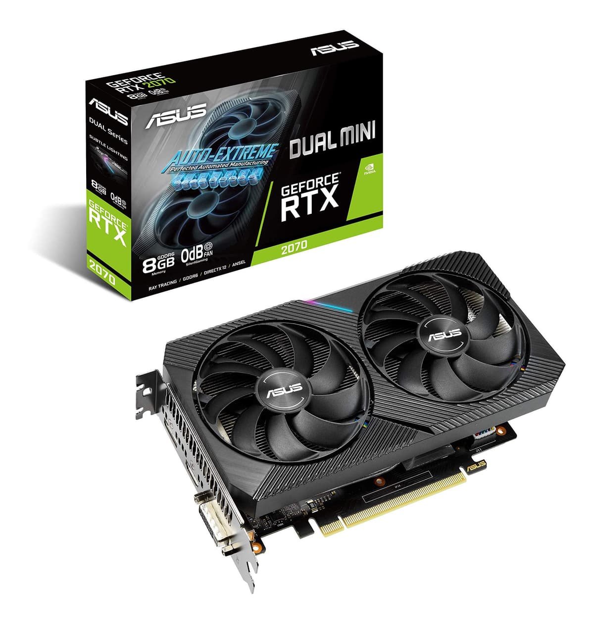ASUS Dual NVIDIA GeForce RTX 2070 Mini OC Edition Tarjeta de Video para Juegos (PCIe 3.0, 8GB GDDR6, HDMI, DisplayPort, DVI-D, para Intel NUC 9 Extreme Kit y chasis pequeños) DUAL-RTX2070-O8G-MINI