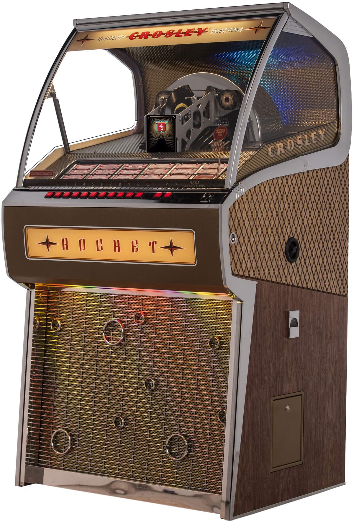 Crosley CR1210A-OA Rockola Jukebox de vinilo tamaño completo con Bluetooth - Capacidad para 70 discos de vinilo de 45 RPM, roble