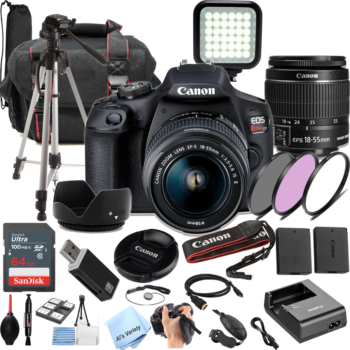 Kit de cámara DSLR Canon EOS Rebel T7 con lente EF 18-55 mm + memoria de 64 GB, luz LED para video, estuche, trípode, filtros, empuñadura y más (paquete de 30 piezas) (Reacondicionado) AV-T7-1855-09262024-cr