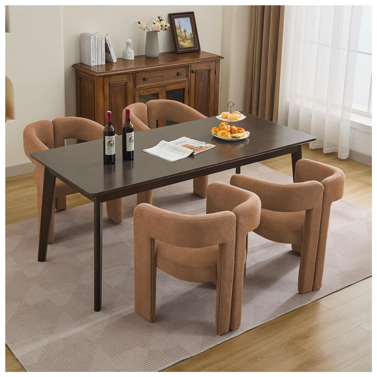 Sillas de comedor estilo barril adoChr set de 4, tapizadas en lino, con apoyabrazos y patas de madera, color marrón Linen Modern Dining Chairs